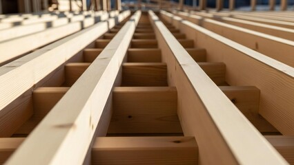 New residential building under construction: close-up of wooden floor joists