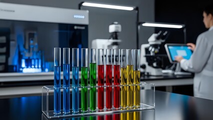 Laboratory test tubes with colorful chemical solutions in modern research facility with scientist working on computer analysis and microscope equipment.