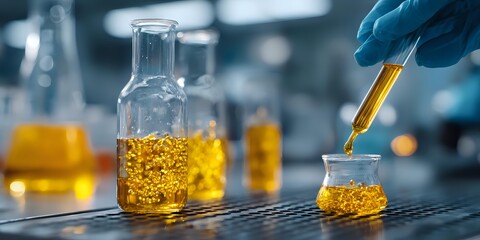 Laboratory scientist in blue gloves conducting chemical analysis with golden liquid samples in glass beakers and test tubes for research and development.