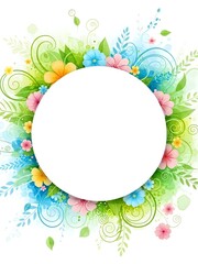 Obraz premium Colorful spring floral frame with tropical flowers, leaves and decorative swirls surrounding blank white circle for text or design elements on transparent background.