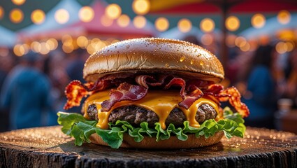 Juicy bacon cheeseburger with melted cheddar cheese and fresh lettuce on a bun