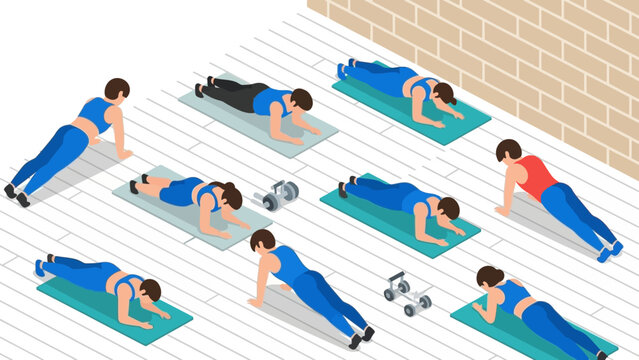 Isometric group fitness class with diverse exercises on yoga mats in gym