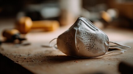 Medium shot of protective painters mask resting on a table with blurred workshop tools in the background emphasizing safe respiratory equipment.
