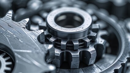 Close-up macro view of interlocking metal gears in a complex mechanical system