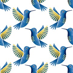 Seamless hummingbird pattern in blue and yellow