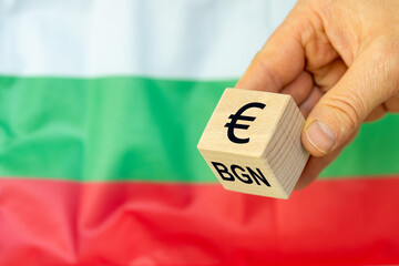 Bulgaria euro. Symbol Bulgarian currency BGN converted to euro. Flag of Bulgaria. Business...