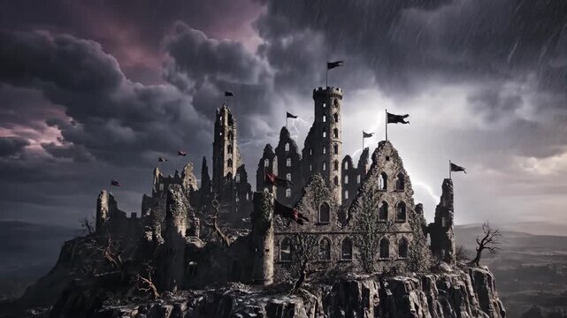 Ancient Stone Castle Ruins Perched Atop a Craggy Mountain Under a Dramatic Thunderstorm Sky with Streaks of Lightning and Falling Rain Detailed Architectural Remains Towering Structures Waving Black