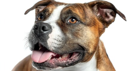 Happy mixed breed dog with tongue out on white background isolated for pet adoption campaigns and veterinary marketing materials.