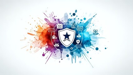 Cybersecurity shield with star emblem surrounded by colorful paint splashes and digital icons on white background for tech and security designs.