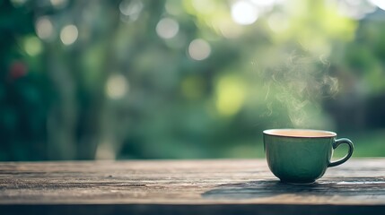 Steaming green coffee cup on rustic wooden table with blurred natural garden background creating peaceful morning atmosphere for relaxation and mindfulness.