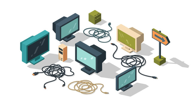 Retro isometric computer setup with monitors, cables, and signs