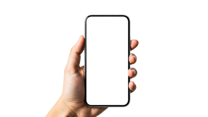Hand holding a minimal, modern smartphone with a full blank screen and slim bezels.