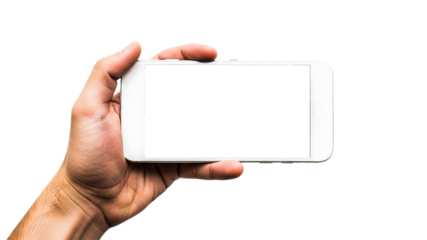Hand holding a white smartphone horizontally with a blank grey screen for video content
