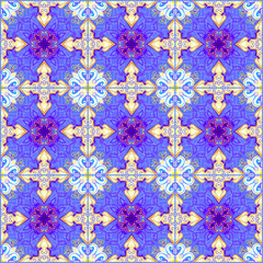 Ceramic tiles template with luxurious blue painting. Seamless ornament. Vintage drawing. Arabesque pattern for fabric, wallpaper, embroidery, decoration. Geometric oriental motifs. Hand drawn vector.