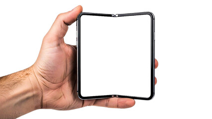 Hand holding an open foldable smartphone with a blank screen