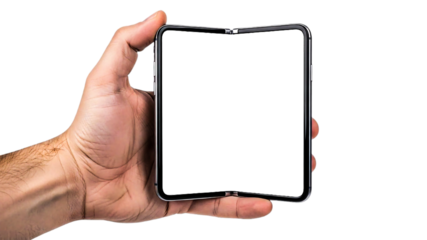 Hand holding an open foldable smartphone with a blank screen