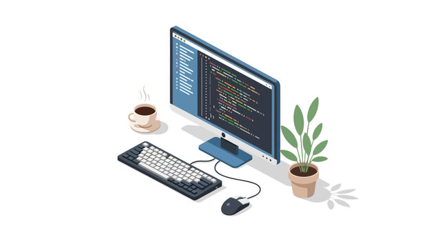 Modern isometric workspace with computer screen showing code and coffee cup