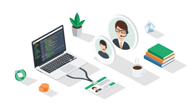 Remote work isometric design with laptop, id card, coffee, and digital connections