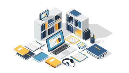 Isometric workspace with laptop and books for remote learning and productivity