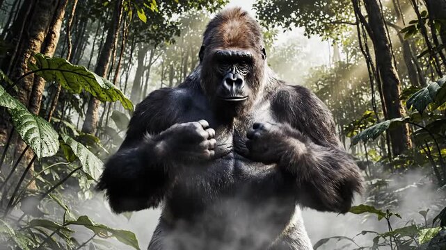 Majestic Silverback Gorilla Emerges From Dense Jungle Mist