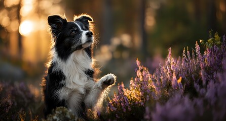 Border collie dog sitting among purple heather flowers during golden hour sunset with warm bokeh background creating peaceful outdoor portrait scene.