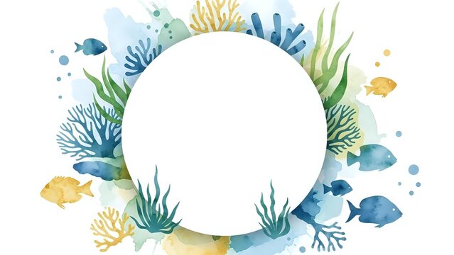 Watercolor underwater marine frame with coral reef, tropical fish, seaweed and bubbles on white background for ocean themed designs and summer projects.