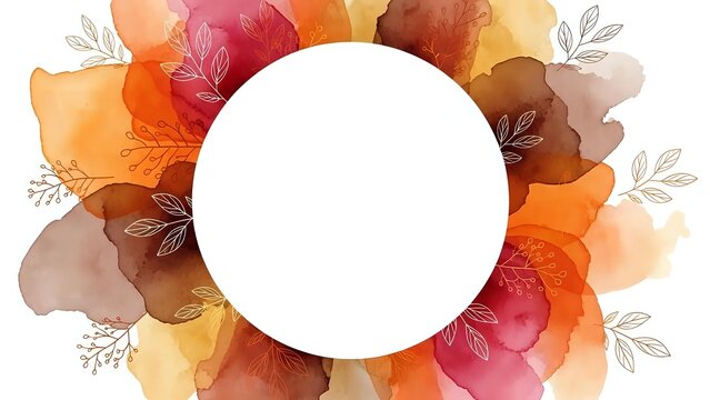 Autumn watercolor leaves frame with white circle center for text, warm fall colors orange red yellow brown, seasonal botanical border design.