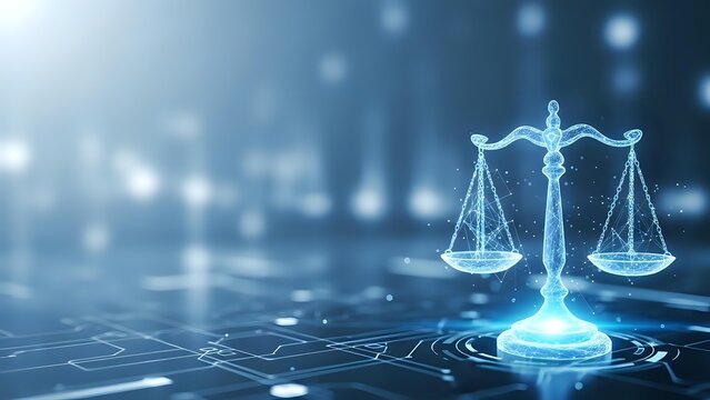 Digital scales of justice glowing on futuristic blue technology background with network connections and light effects for legal tech concepts.