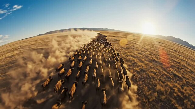 Massive Bison Herd Thunders Across Dusty Prairie Landscape