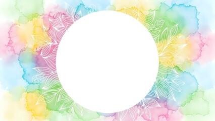 Obraz premium Watercolor floral frame with white circle space for text on pastel rainbow background. Spring botanical border with delicate flowers for invitations and cards.