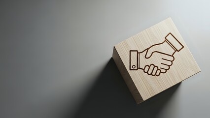 Wooden block with handshake symbol engraved on surface representing business partnership and cooperation concepts for corporate branding materials.