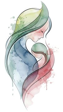 Watercolor mother holding baby silhouette with flowing hair in soft pastel colors on white background for motherhood designs.