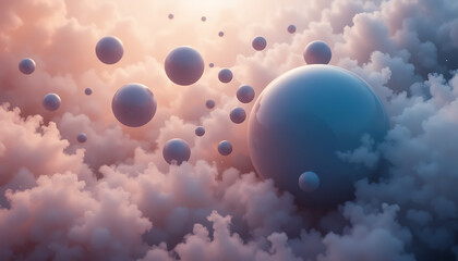 Ethereal spheres floating among dreamy pastel clouds.