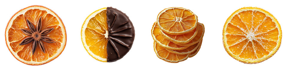 Dried orange slices set isolated on white background, top view

