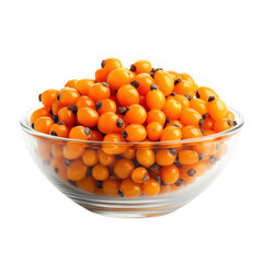 Fresh sea buckthorn berries in glass bowl isolated on white background

