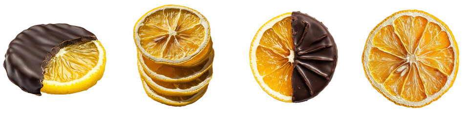 Set of dried and chocolate covered lemon slices isolated on white

