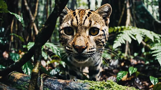 Ocelot slinks through dense Amazonian rainforest undergrowth