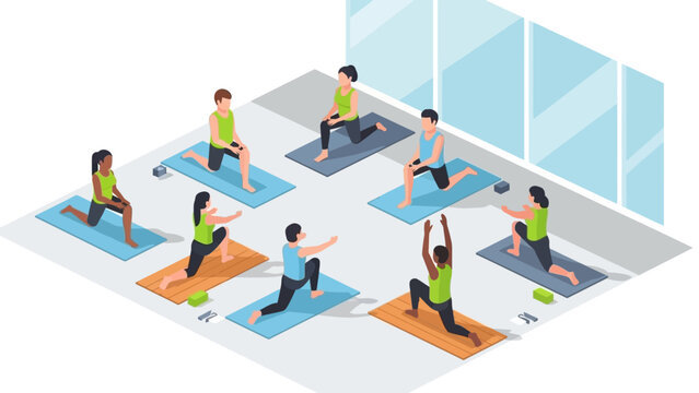 Group yoga class in modern studio with diverse people practicing poses on mats in an isometric style