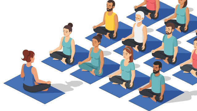 Diverse group practicing yoga in class setting with instructor in flat design