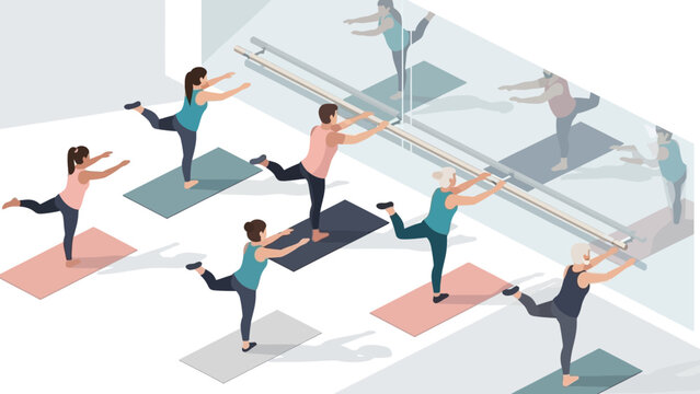 Group fitness class performing ballet exercises in an isometric studio setting