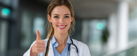 Smiling female doctor in white coat with stethoscope giving thumbs up in modern hospital corridor expressing confidence and warmth