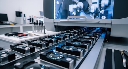 Modern ophthalmic lab setup showing multiple freeformlens surfacing blocks aligned for batch processing of customized lenses.