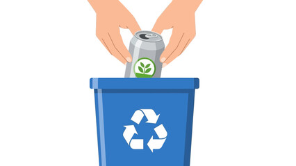 Eco-friendly recycling: hands placing can in blue bin with green symbol