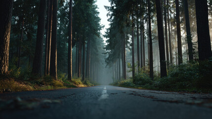 Foggy forest road at ground level framed by tall pine tree trunks and soft morning light creating moody atmosphere
