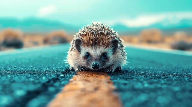 Hedgehog on the Road: A small, adorable hedgehog navigates the open road, its tiny form a surprising sight against the vast, scenic backdrop of the natural surroundings.