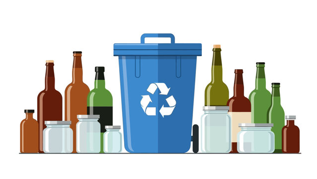 Blue recycling bin with glass bottles and jars in flat design for eco-friendly waste management