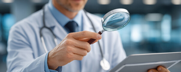 Doctor examining patient data on digital tablet with magnifying glass, investigative medical professional reviewing electronic health record, focused clinical analysis and diagnostic research