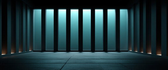 Minimalist tableau science fiction background wall with vertical light panels and cool blue glow creating atmospheric modern interior scene