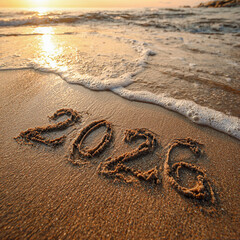 Cheers to 2026 Etched in Vintage Lettering Style into Wet Sand Close-Up with Golden Peach Glow and Tide Foam &ndash; ideal for seasonal promotions