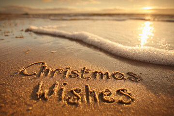 Christmas Wishes Inscribed in Elegant Script into Wet Sand Close-Up with Warm Golden Light and Tide Foam Very Close &ndash; ideal for holiday greeting cards